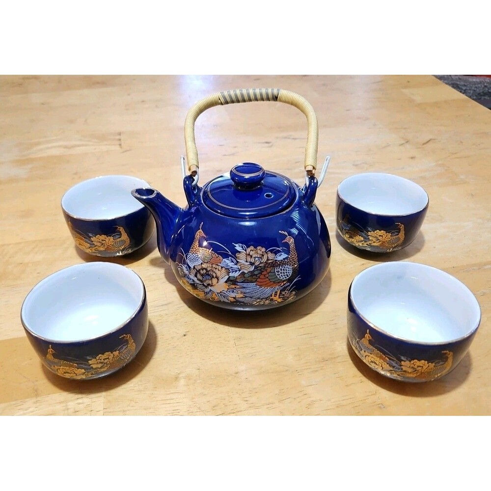 Vintage Japanese Cobalt Blue Tea Set With Gold Peacock Design - Teapot W/ 4 Cups
